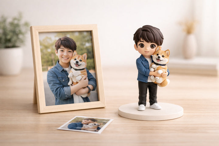 Printed portrait photo displayed next to a finished custom resin figurine on a warm tabletop to illustrate photo upload guidance