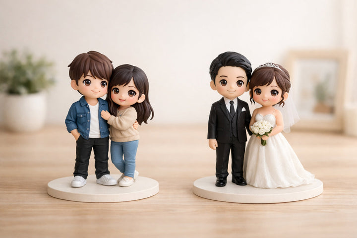Side-by-side comparison of a casual custom couple figurine and a formal custom wedding figurine on a clean tabletop