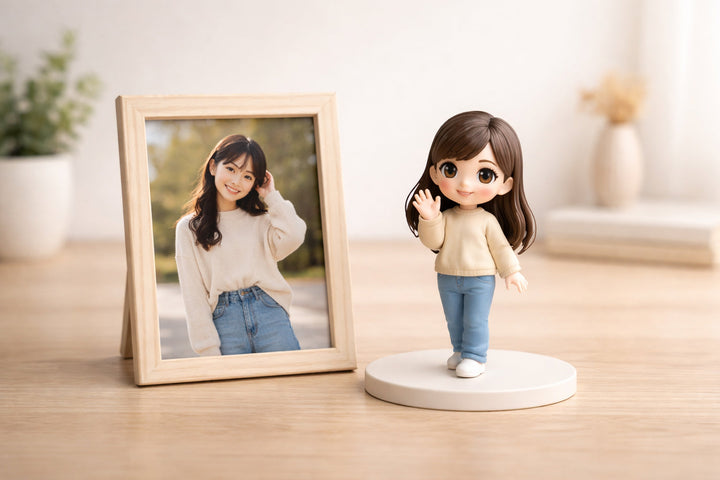 Single reference photo displayed next to a finished custom resin figurine on a clean tabletop