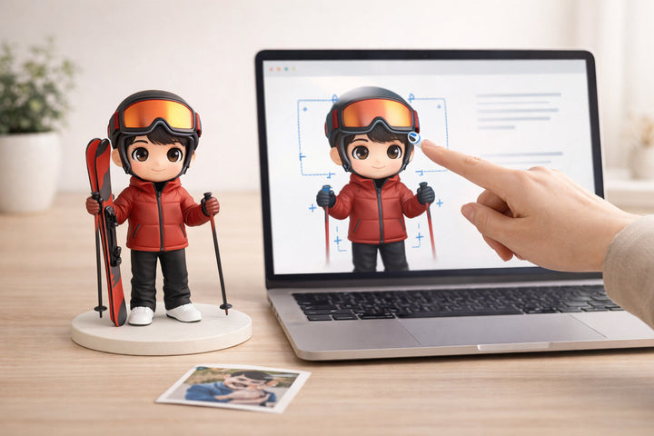 Custom ski figurine beside a laptop showing a revision review scene on a warm tabletop