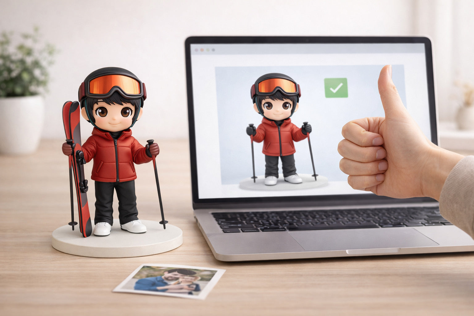 Custom figurine preview shown on a laptop beside a finished figurine on a warm desk before production approval