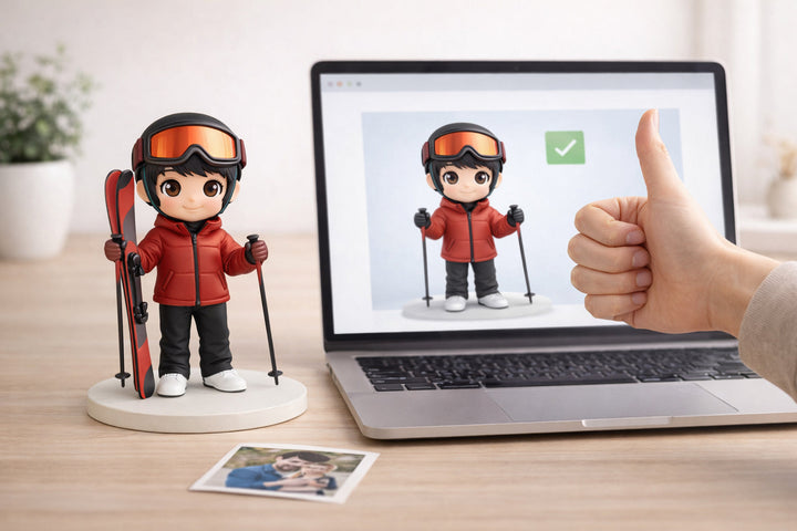 Custom figurine preview shown on a laptop beside a finished figurine on a warm desk before production approval