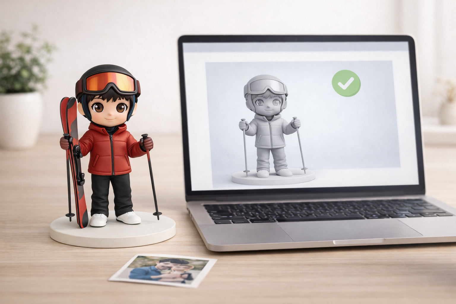 Finished custom figurine displayed beside a preview screen and reference photo to illustrate figurine style expectations