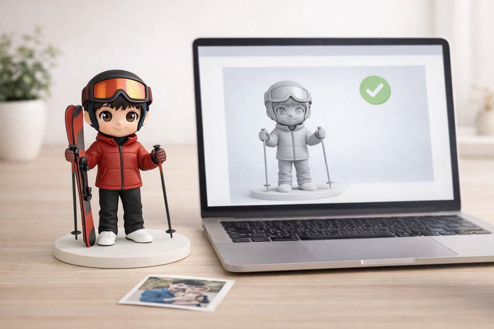 Finished custom figurine displayed beside a preview screen and reference photo to illustrate figurine style expectations
