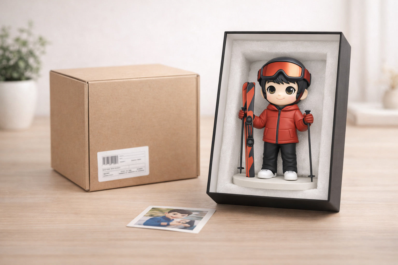 Custom figurine packed safely in a presentation box beside an outer shipping box on a warm tabletop