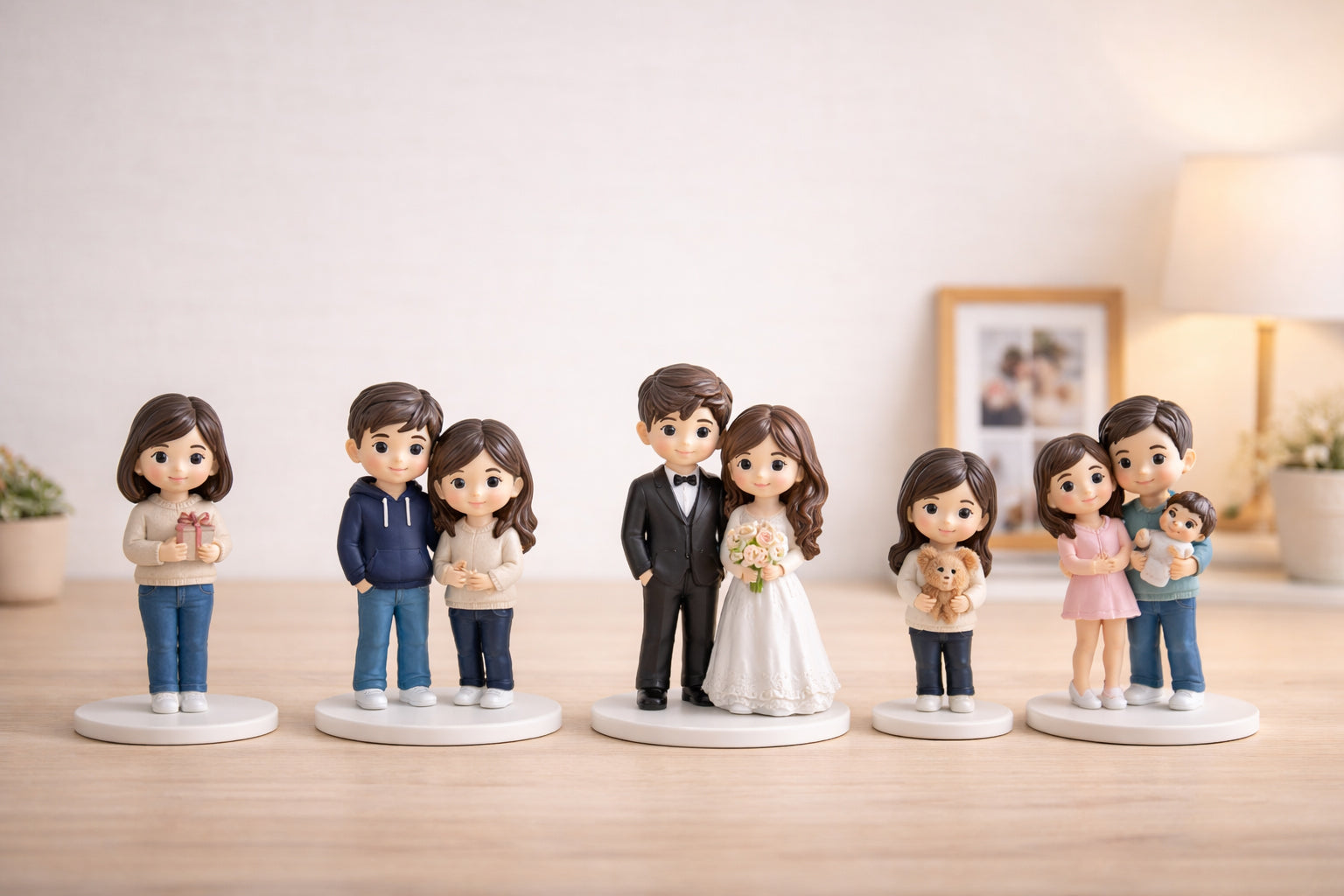 Different custom figurine styles including single, couple, wedding, human plus pet, and group figurines displayed together on a warm tabletop
