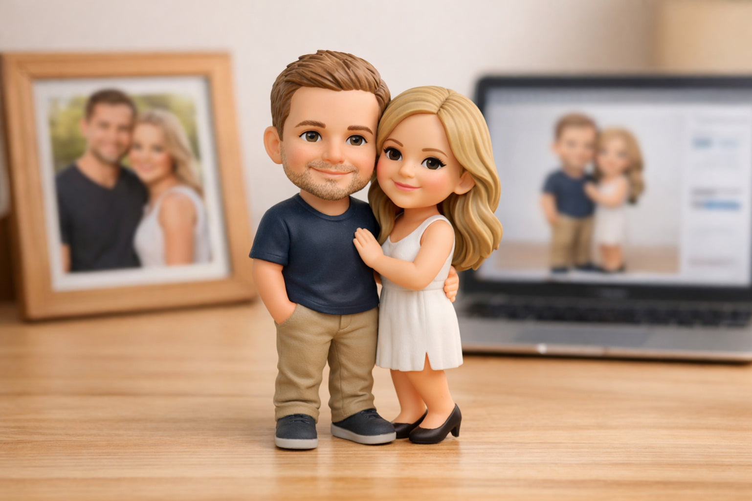 custom couple 3D figurine made from real photos showing photo frame, preview screen, and finished resin figurine on wooden table