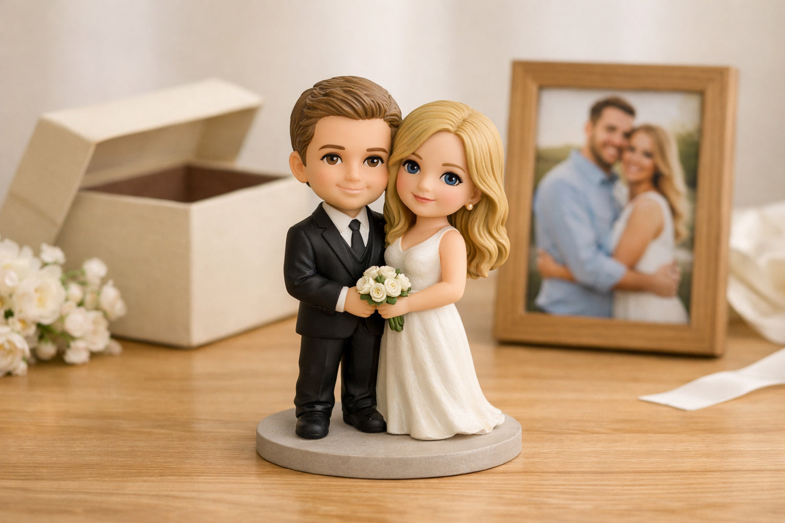 custom couple 3D figurine from photos displayed as a romantic gift with photo frame and gift box on wooden table
