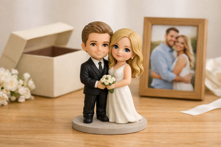 custom couple 3D figurine from photos displayed as a romantic gift with photo frame and gift box on wooden table