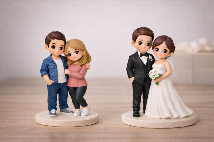 custom couple figurine and custom wedding figurine compared side by side on wooden table with real photo references in background