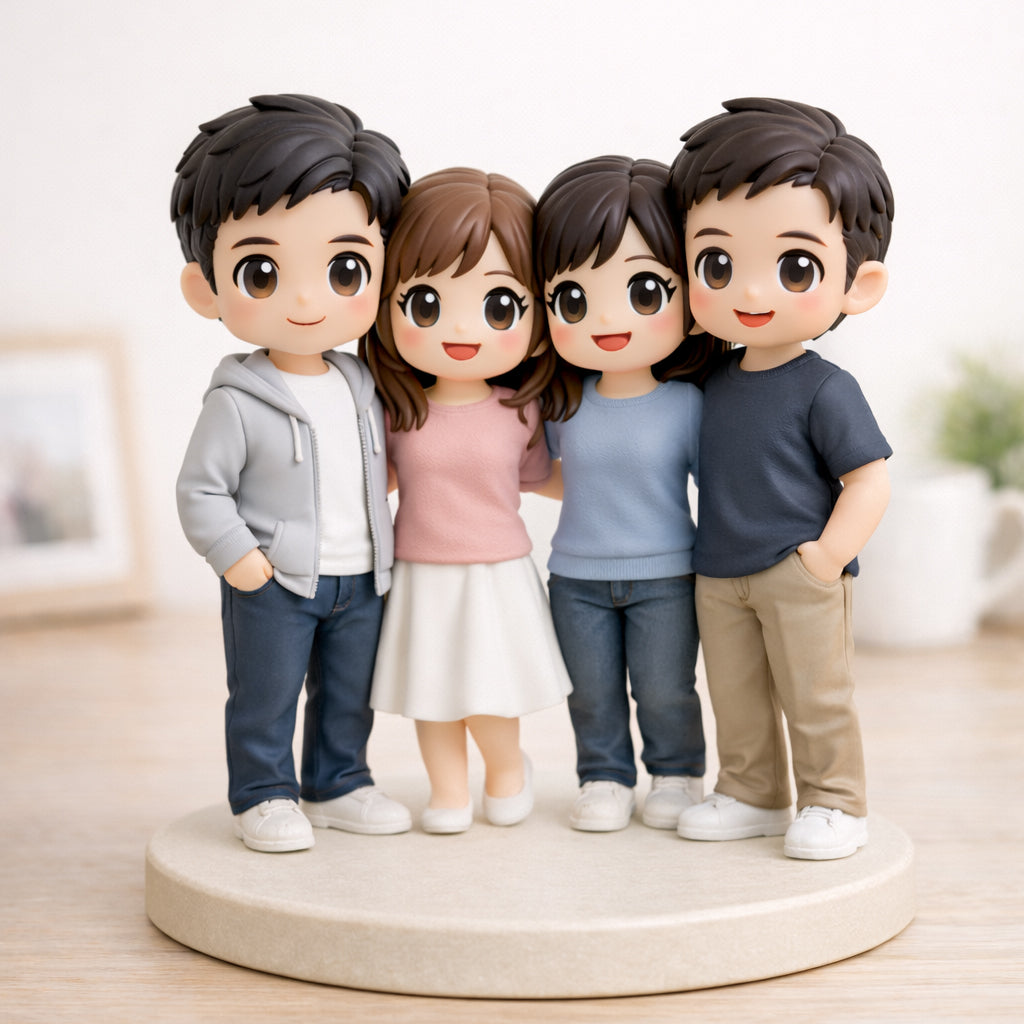 Custom group figurine with 4 people from photos on a light stone base