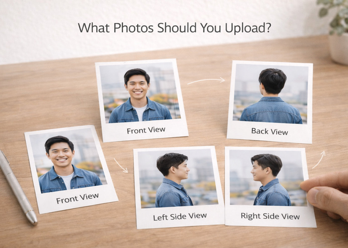 front back left and right photo guide for custom figurine upload