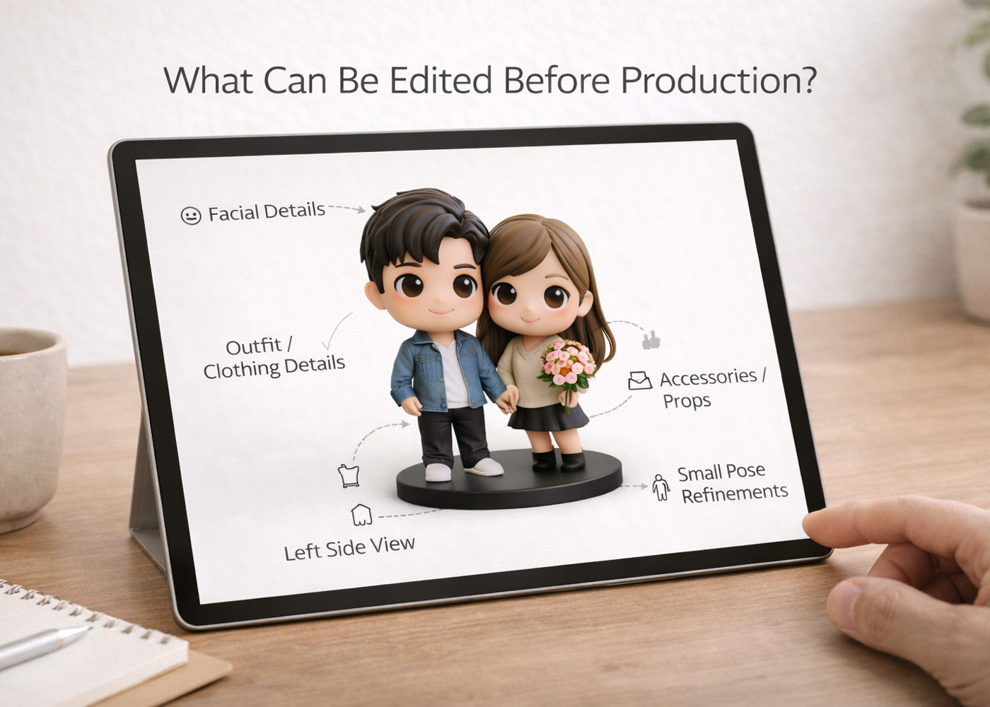 editable details for custom figurine preview before production