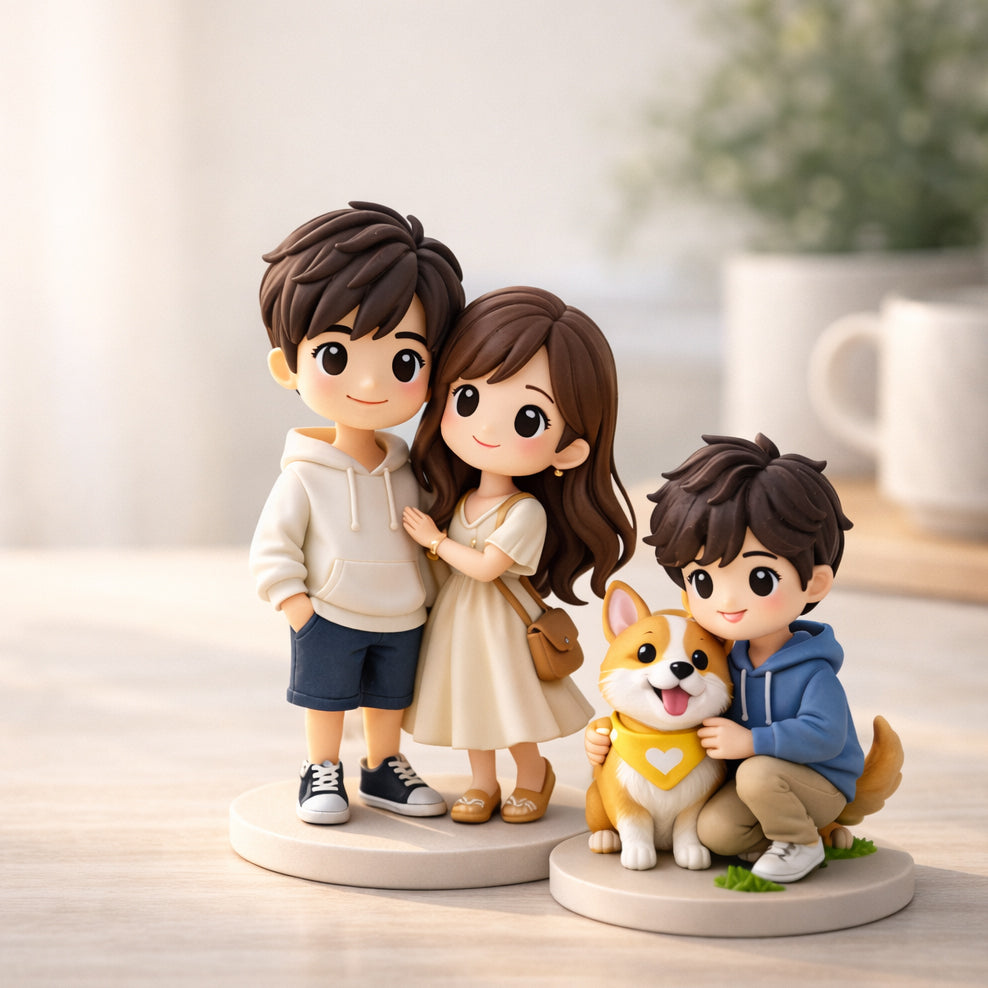 Custom 3D figurines displayed in a bright studio setting