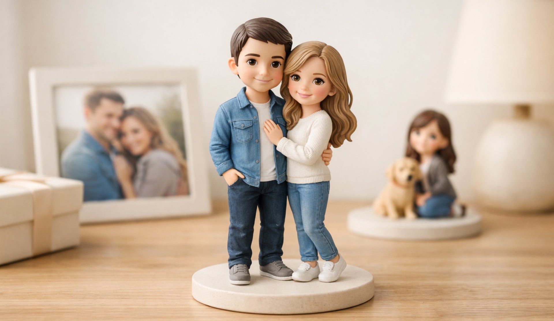 Personalized custom 3D figurines displayed with a framed photo in a warm keepsake setting