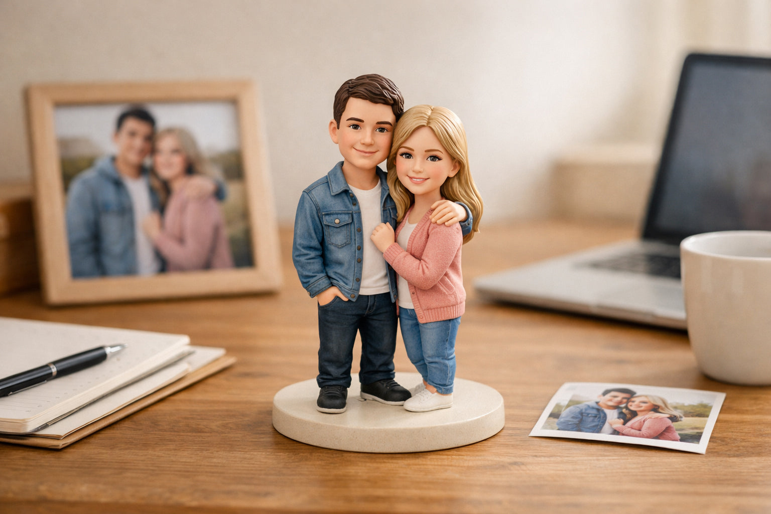 Custom 3D figurines gift ideas and ordering tips shown in a warm tabletop scene