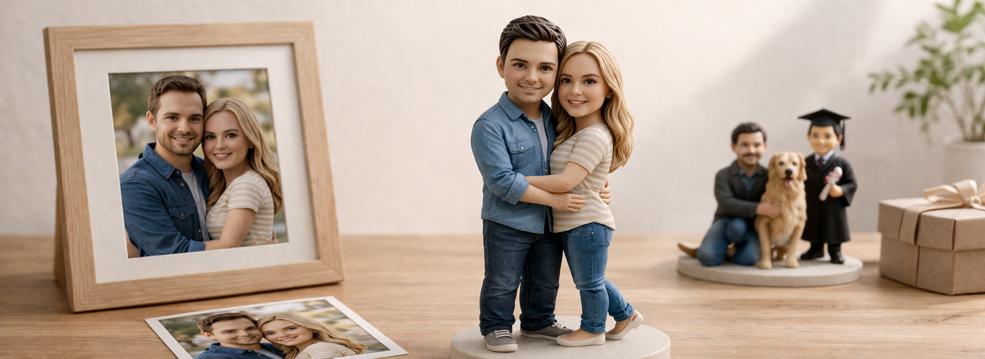 how custom 3D figurines from photos work in a premium lifestyle desk scene