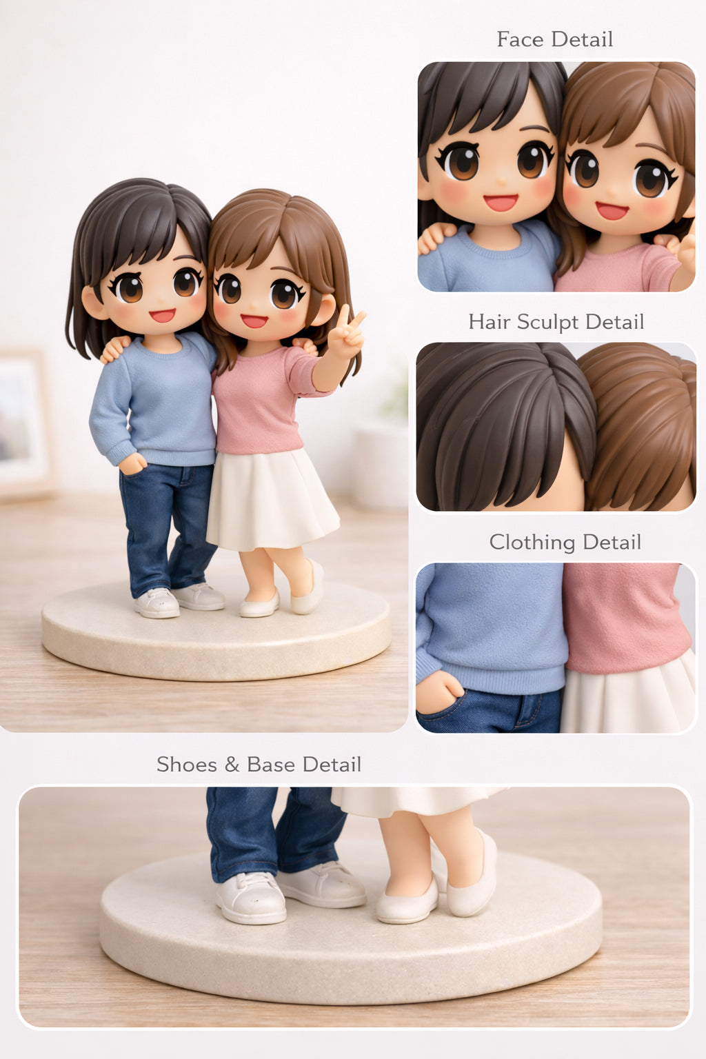 Close-up detail of a custom best friends figurine from photos showing expressions and clothing
