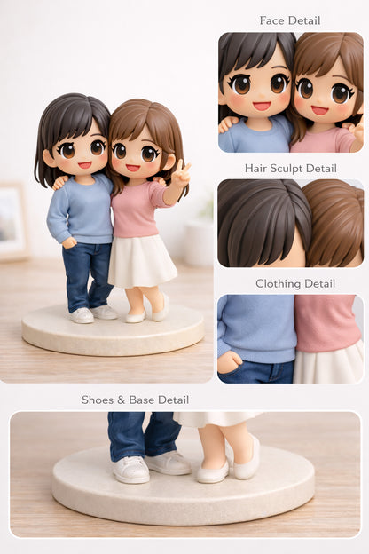Close-up detail of a custom best friends figurine from photos showing expressions and clothing