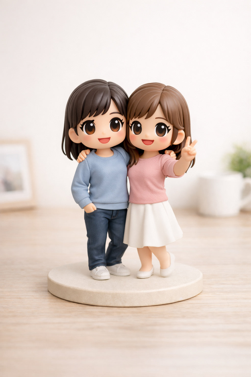 Custom best friends figurine from photos with a cheerful friendship pose