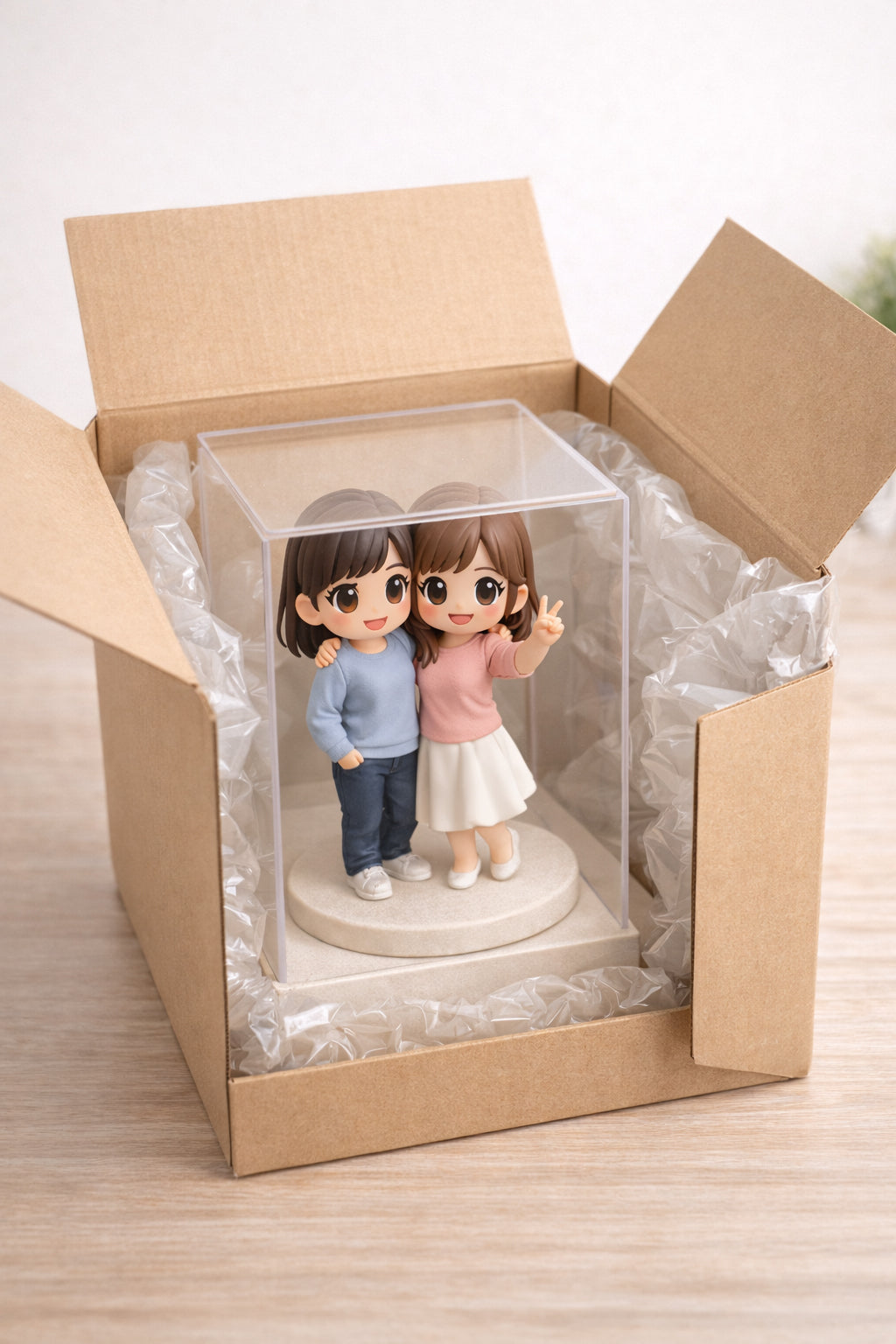 Custom best friends figurine from photos shown in premium gift packaging