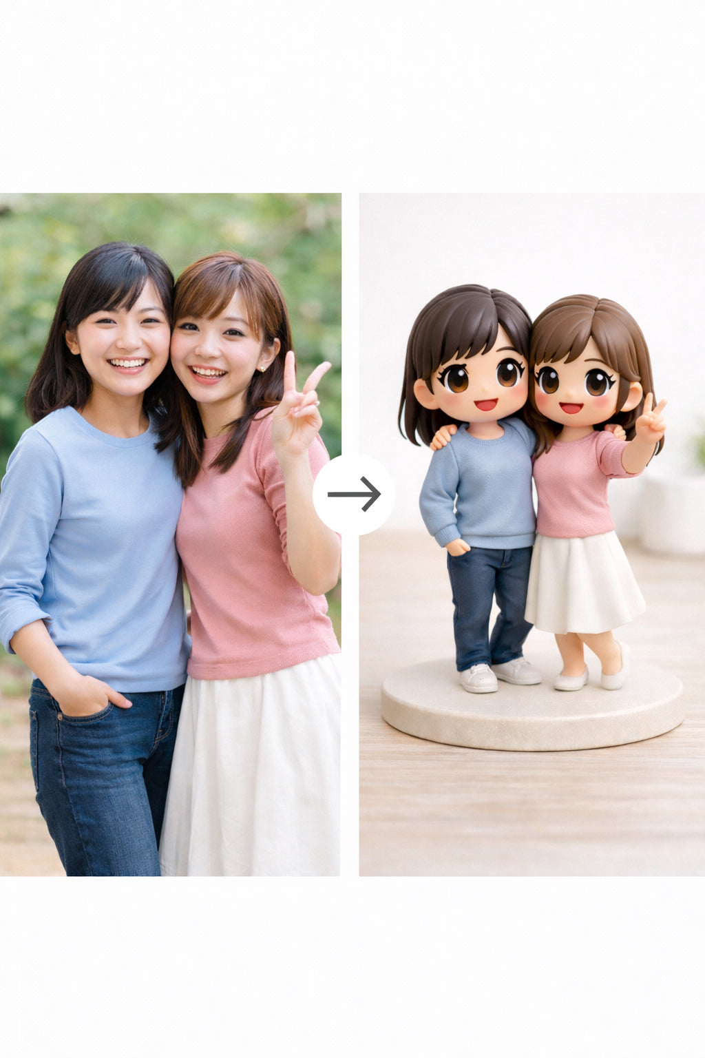 Example photo-to-figurine comparison for a custom best friends figurine from photos