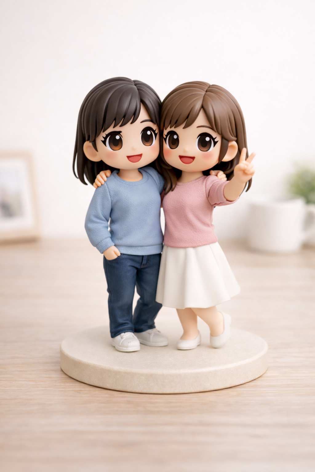 Second view of a custom best friends figurine from photos showing the same finished figurine