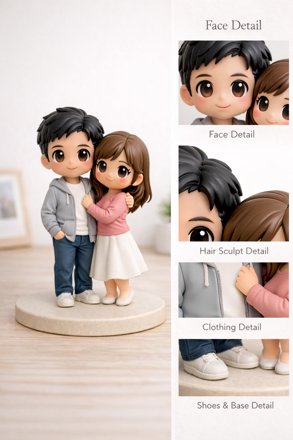 Close-up detail of a custom couple figurine from photos showing faces and outfits