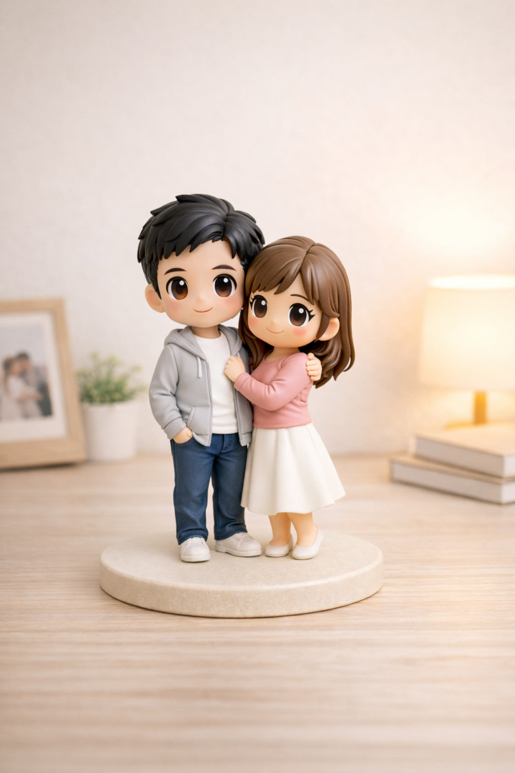 Custom couple figurine from photos displayed as a romantic keepsake
