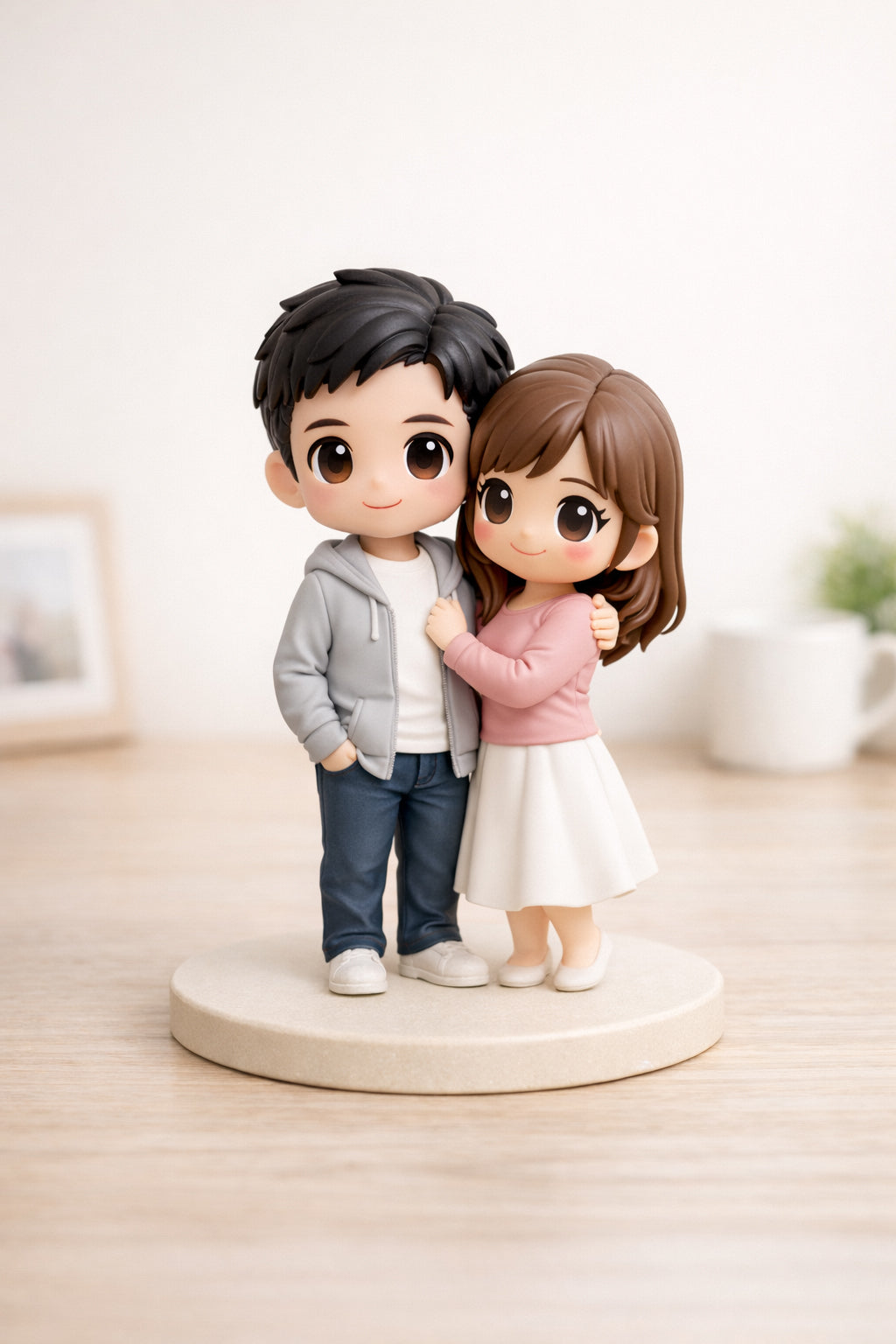 Custom couple figurine from photos with a romantic everyday pose on a light stone base