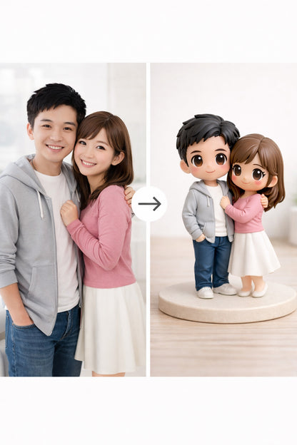 Example photo-to-figurine comparison for a custom couple figurine from photos