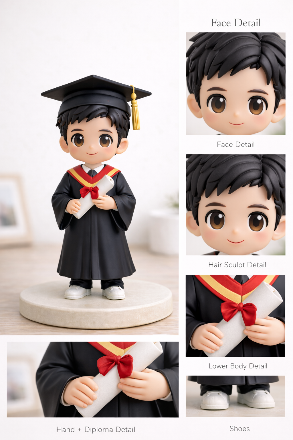 Close-up detail of a custom graduation figurine from photos showing cap, gown, and diploma