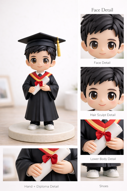 Close-up detail of a custom graduation figurine from photos showing cap, gown, and diploma