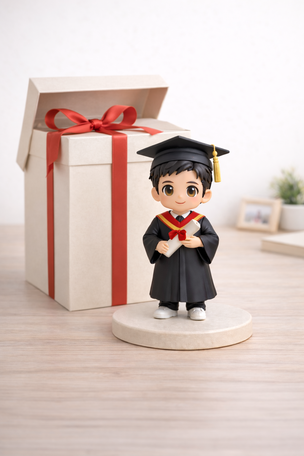 Custom graduation figurine from photos displayed as a graduation keepsake