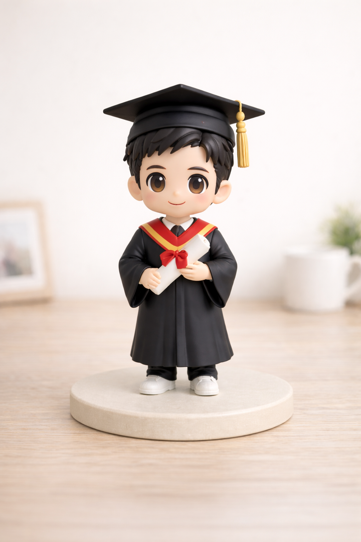 Custom graduation figurine from photos with cap, gown, and diploma