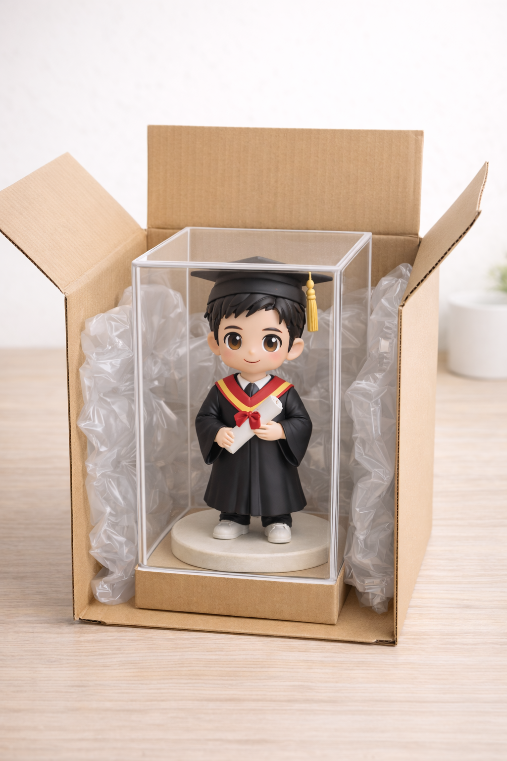 Custom graduation figurine from photos shown in premium gift packaging