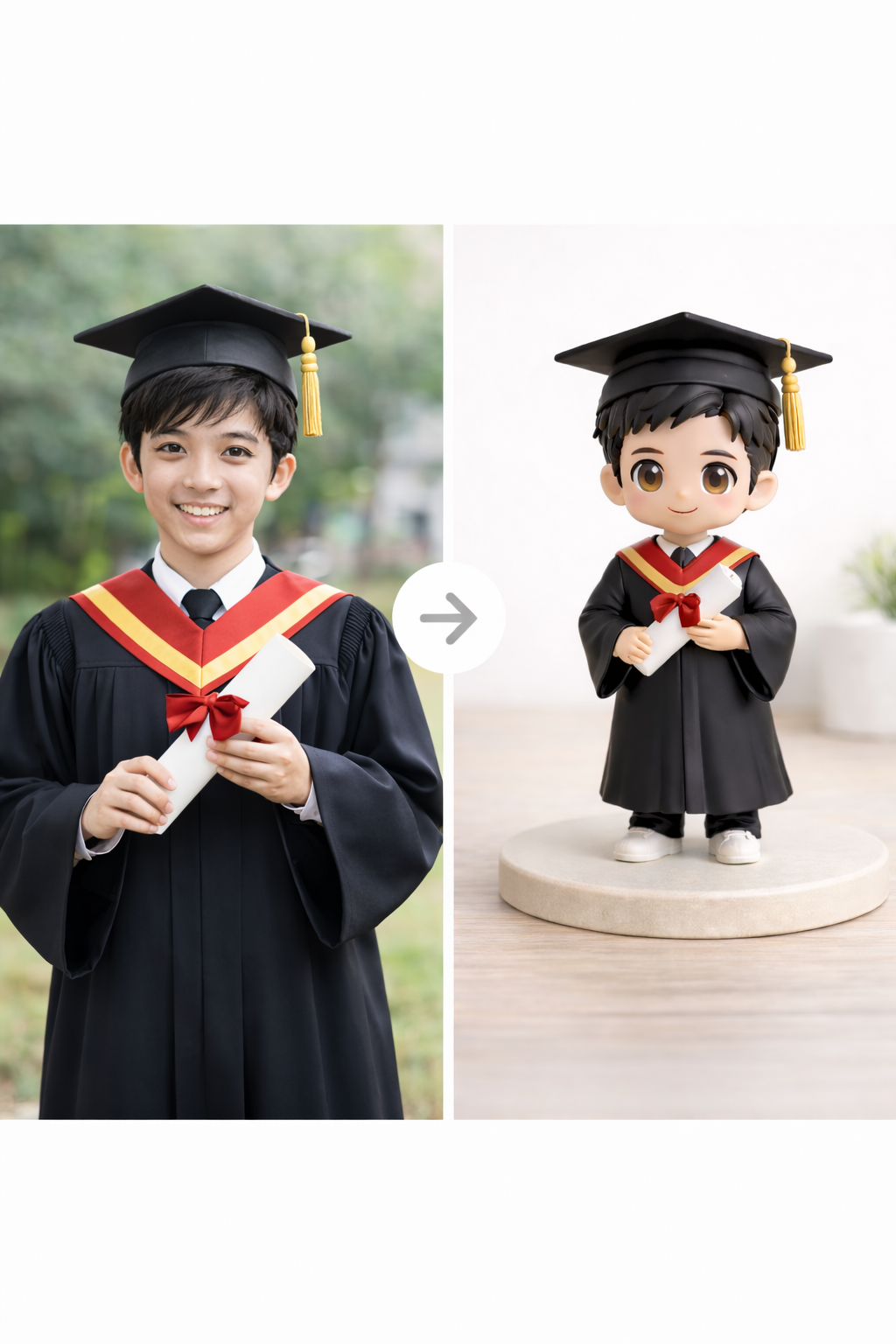 Example photo-to-figurine comparison for a custom graduation figurine from photos