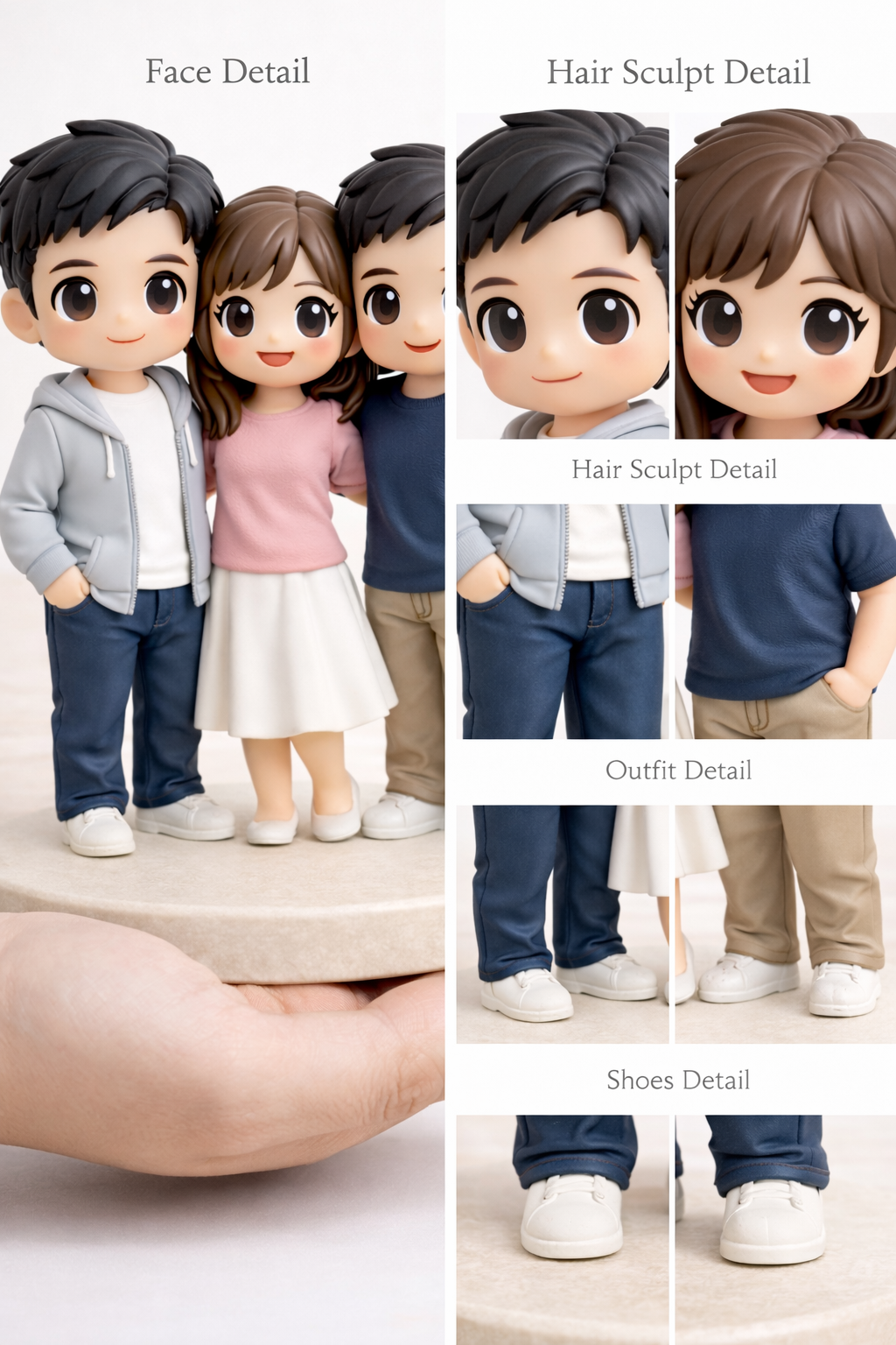 Close-up detail of a custom 3 people group figurine from photos showing faces and outfits
