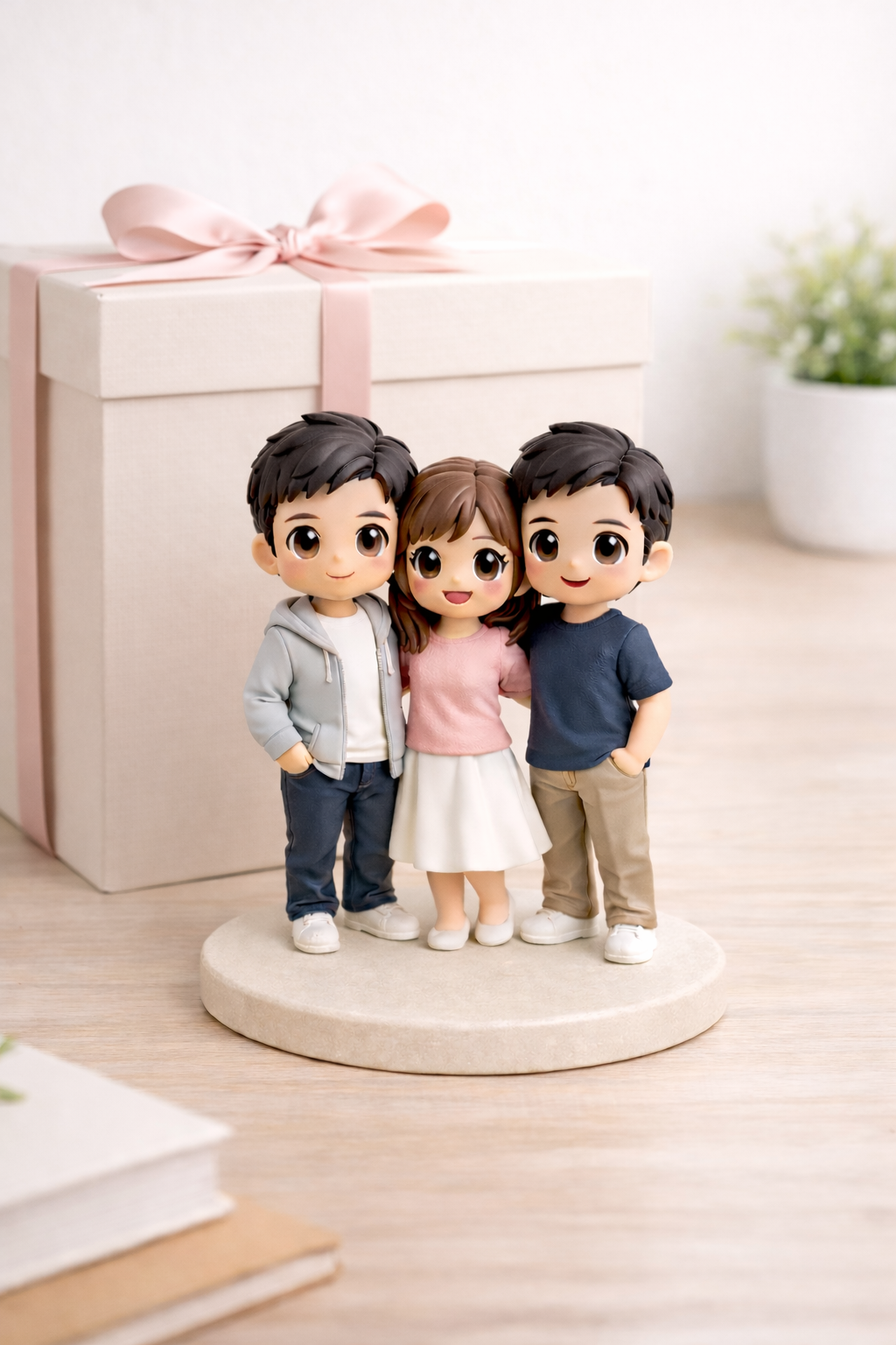 Custom 3 people group figurine from photos displayed as a family or friends keepsake