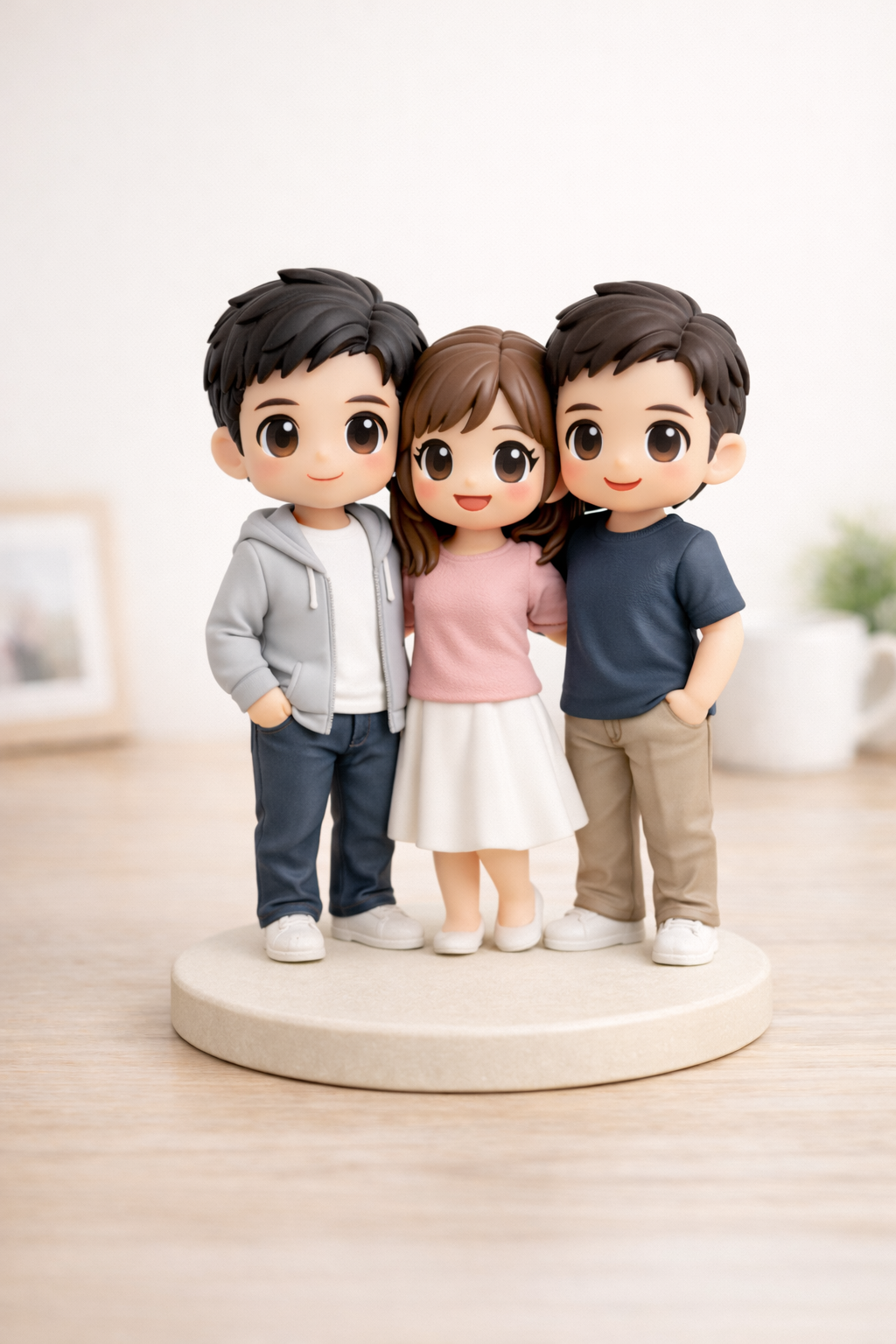 Custom group figurine with 3 people from photos on a light stone base