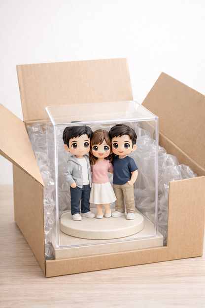 Custom 3 people group figurine from photos shown in premium gift packaging