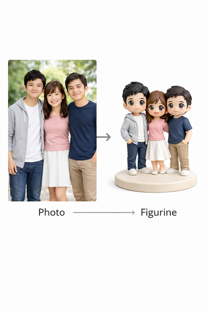 Example photo-to-figurine comparison for a custom 3 people group figurine from photos