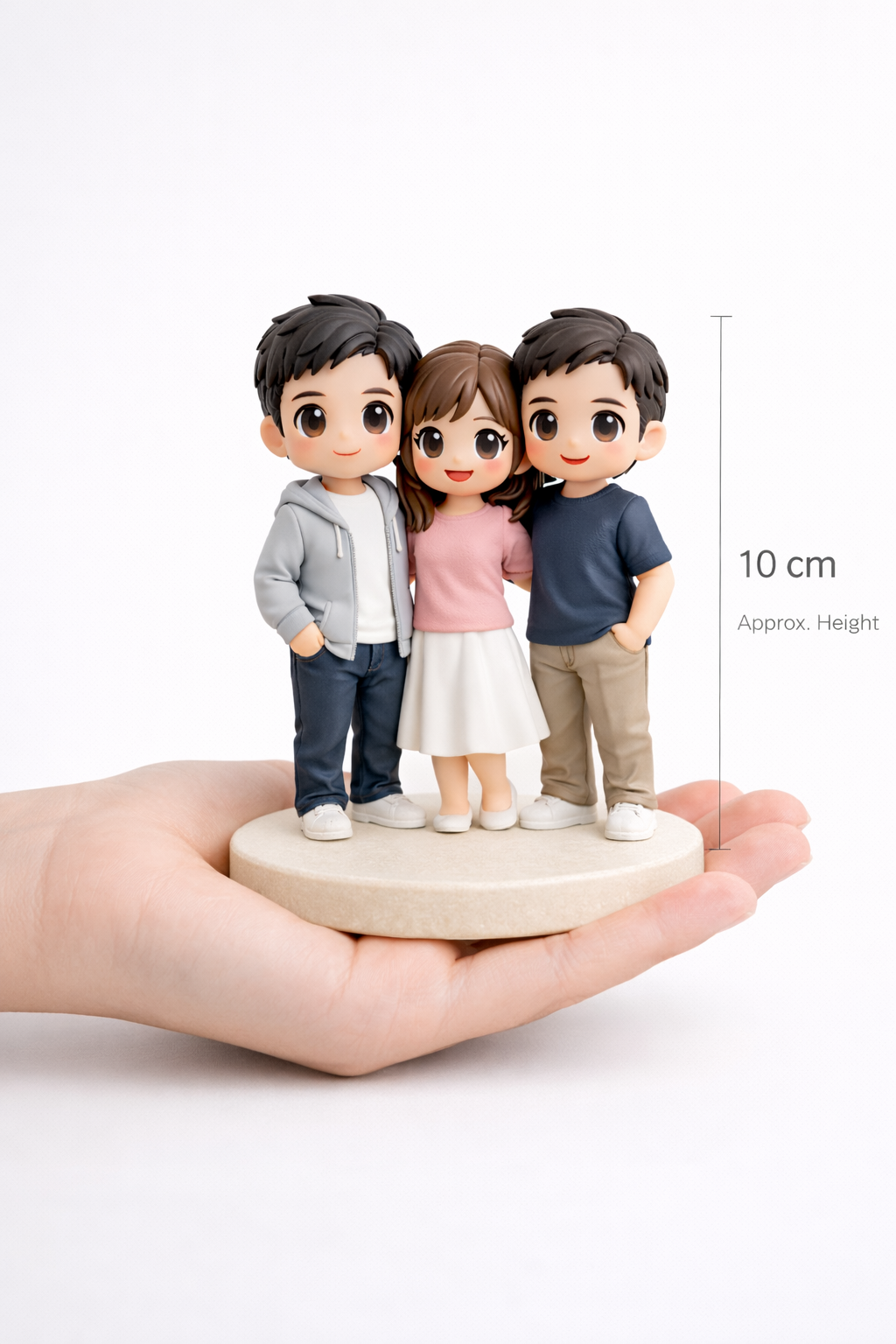 Custom 3 people group figurine from photos shown with size reference