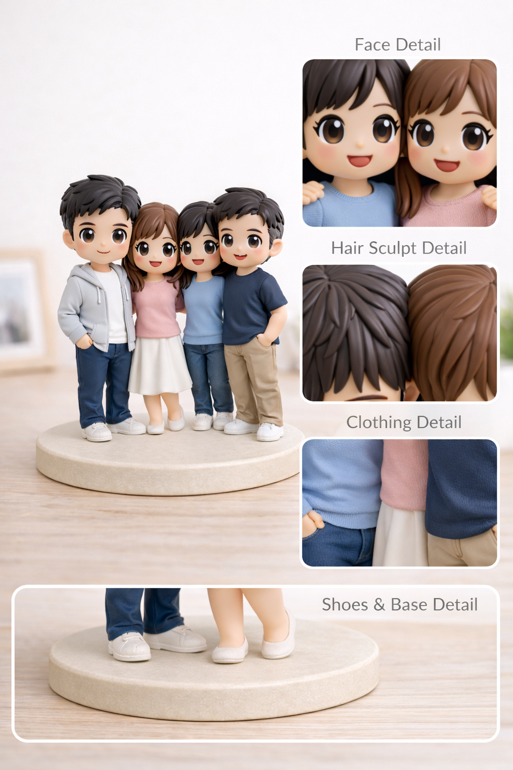 Close-up detail of a custom 4 people group figurine from photos showing faces and outfits