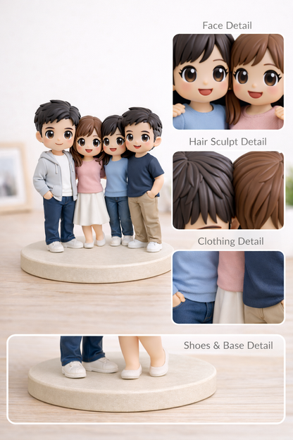 Close-up detail of a custom 4 people group figurine from photos showing faces and outfits