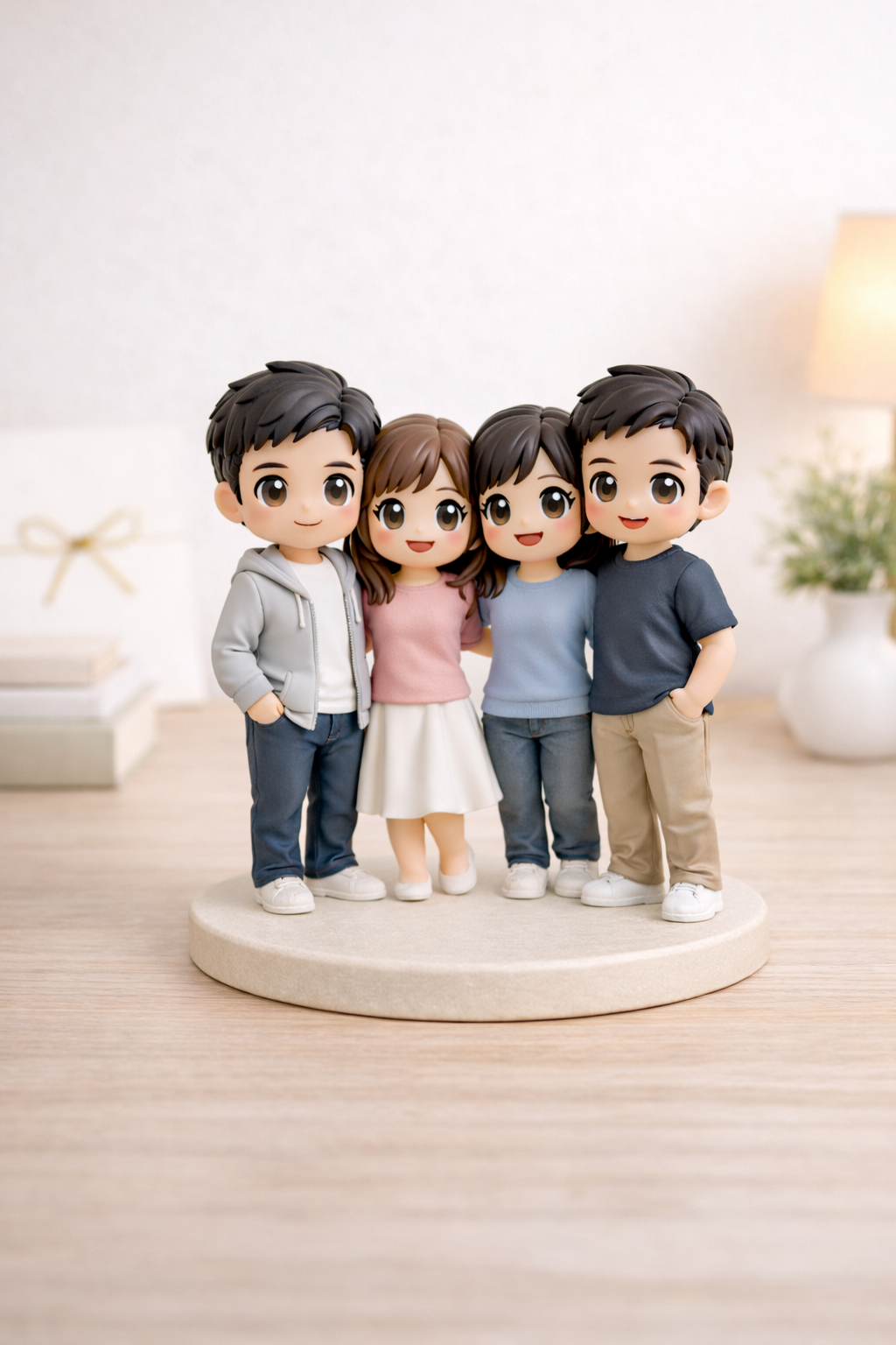 Custom 4 people group figurine from photos displayed as a group keepsake