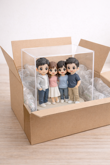 Custom 4 people group figurine from photos shown in premium gift packaging