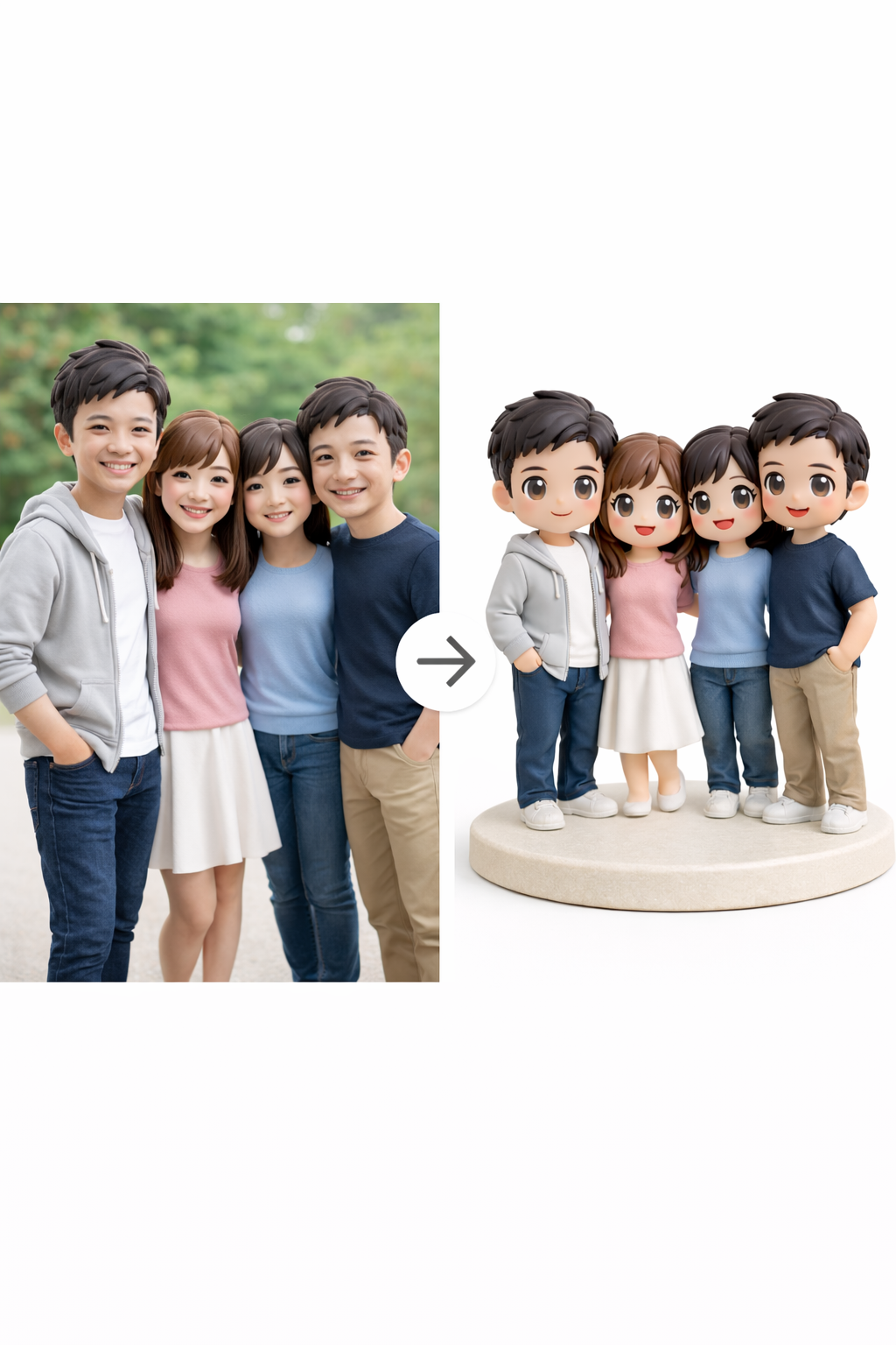 Example photo-to-figurine comparison for a custom 4 people group figurine from photos