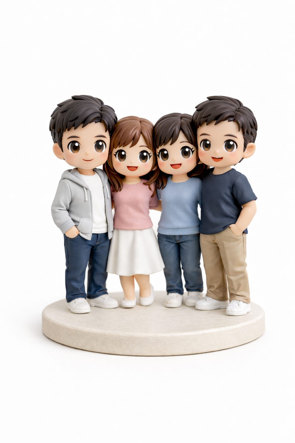 Custom 4 people group figurine from photos on a clean white background