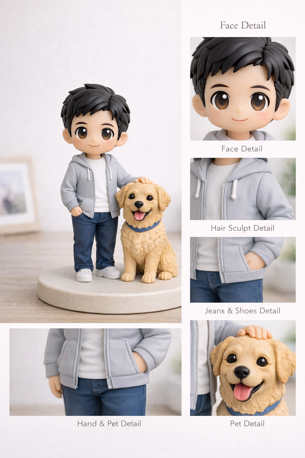 Close-up detail of a custom human and pet figurine from photos showing the person and pet